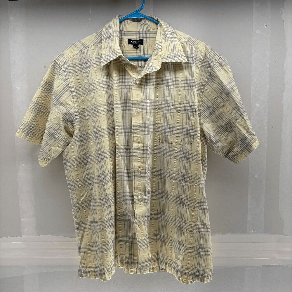 Van Heusen Mens Shirt size L 16-16.5 Yellow Plaid Short Sleeve Pocket Textured